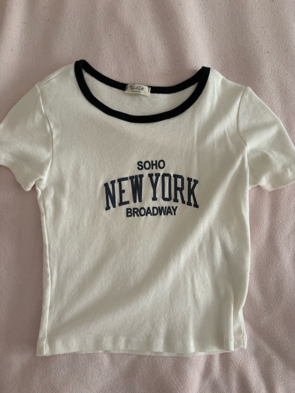 Brandy Melville White Tee with Black Neckline and Navy New York Print